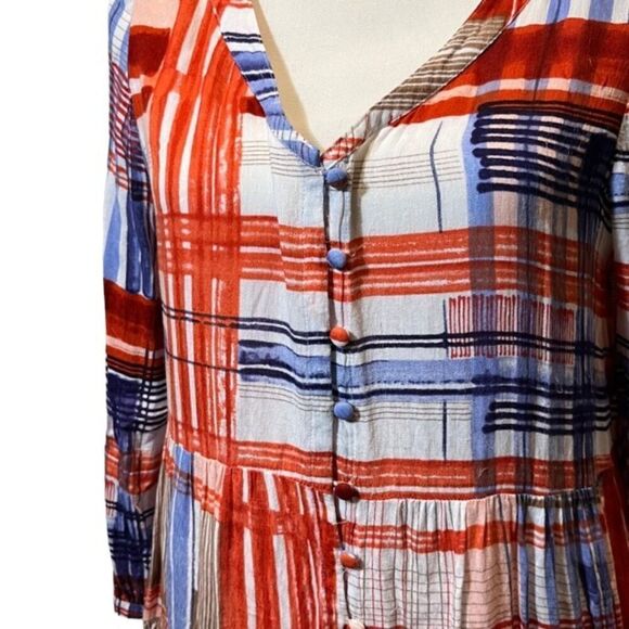 Maeve Anthropologie Babydoll Tunic Top Button Front V-Neck Red White Blue Size M - Picture 2 of 11